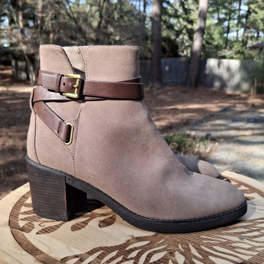 Michael Kors Jodhpur Style Side Zip Stacked Heel Brown Suede Leather Ankle Boots
